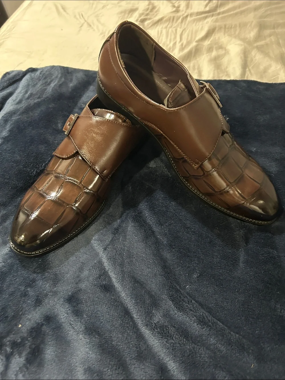 Brown Men's  crocodile Leather Monk Strap Dress Shoes Sz 12